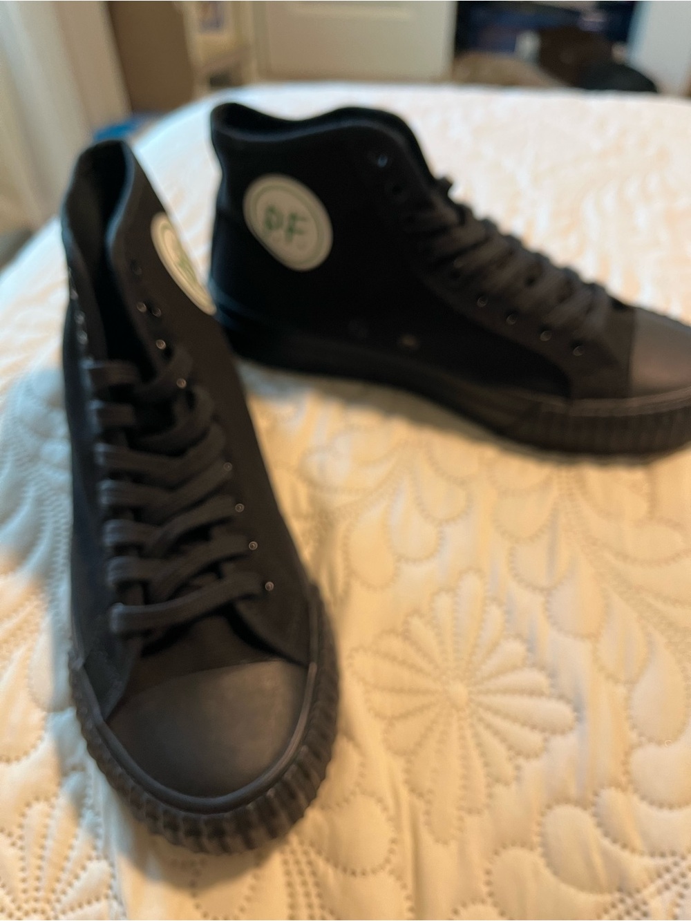 New P F Men's Black High-Top Canvas Sneakers with Rubber Toe